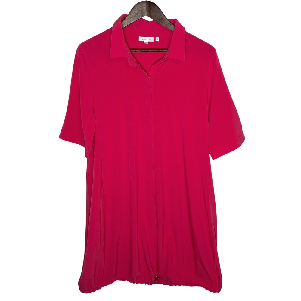 Chicos Pink Button Down Tunic Dress Bungee Hem 570345359 Womens Size 2/Large - Picture 3 of 10